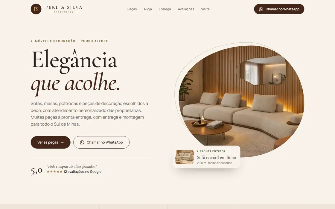 Página inicial do site da Perl & Silva Interiores no computador