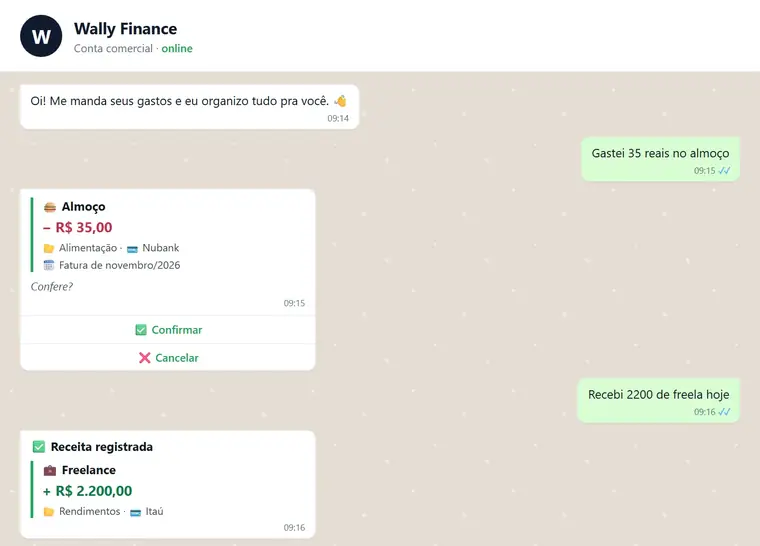 Conversa com o Wally no WhatsApp: a pessoa manda o gasto e o app registra